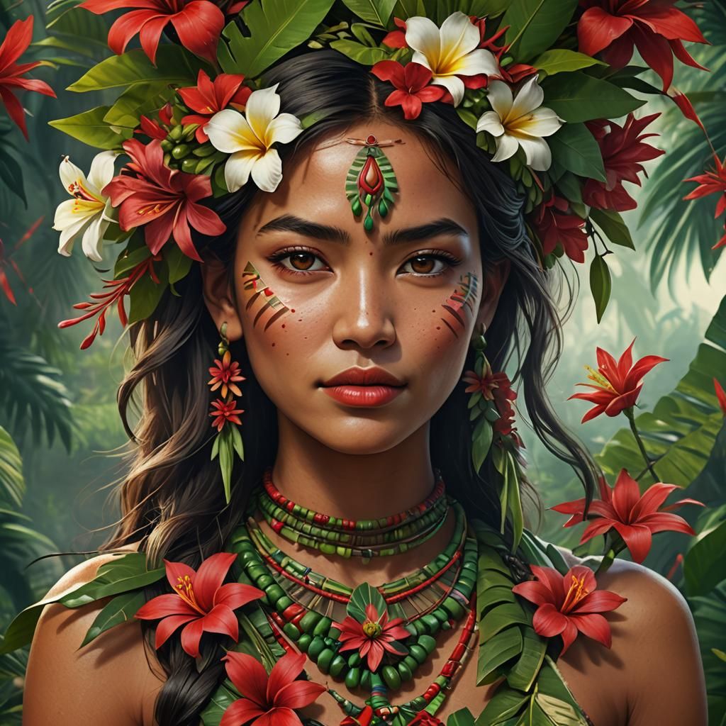 Hawaiian Native Woman with Flower Necklace