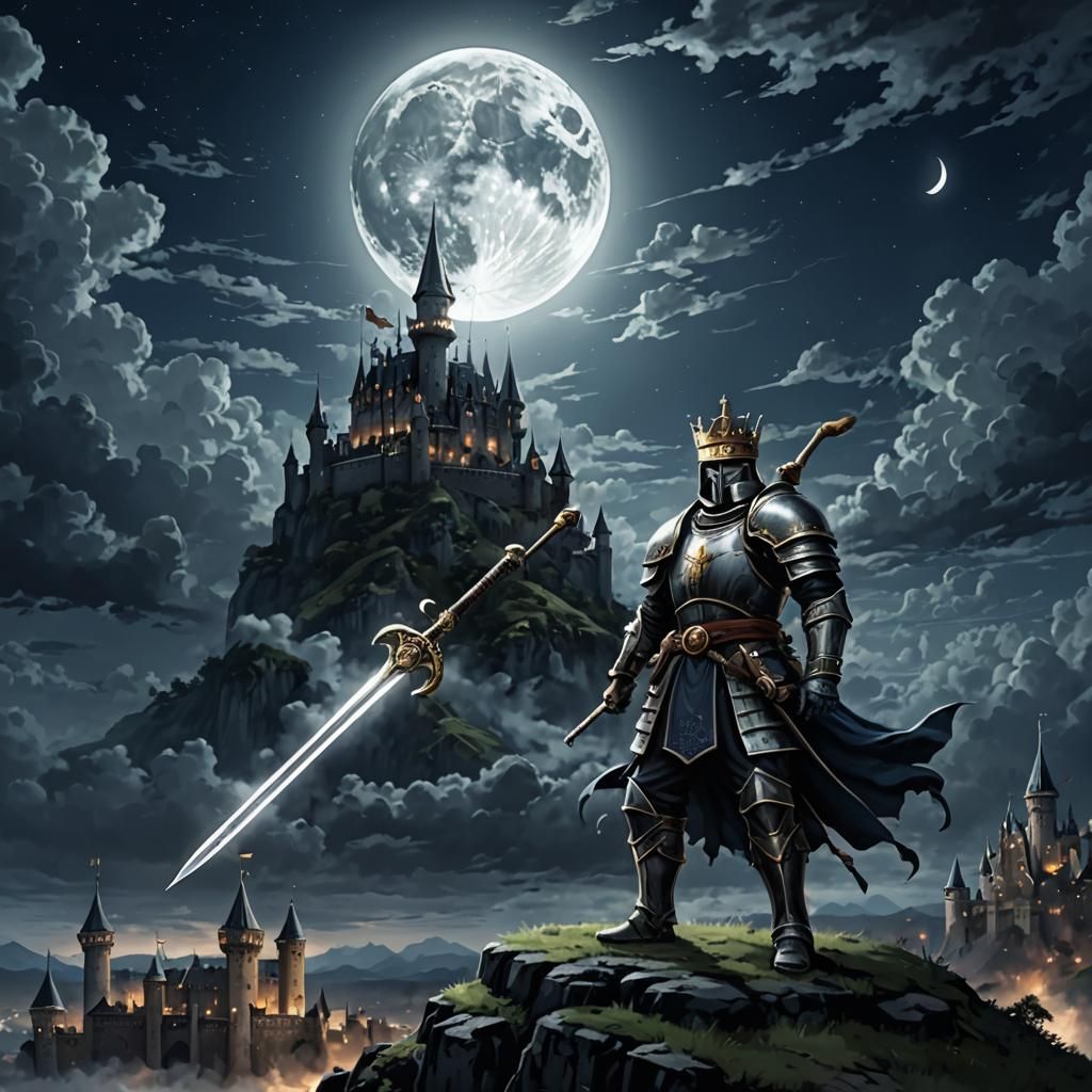 Moonlit Castle with Crowned Staff Under Cloudy Sky