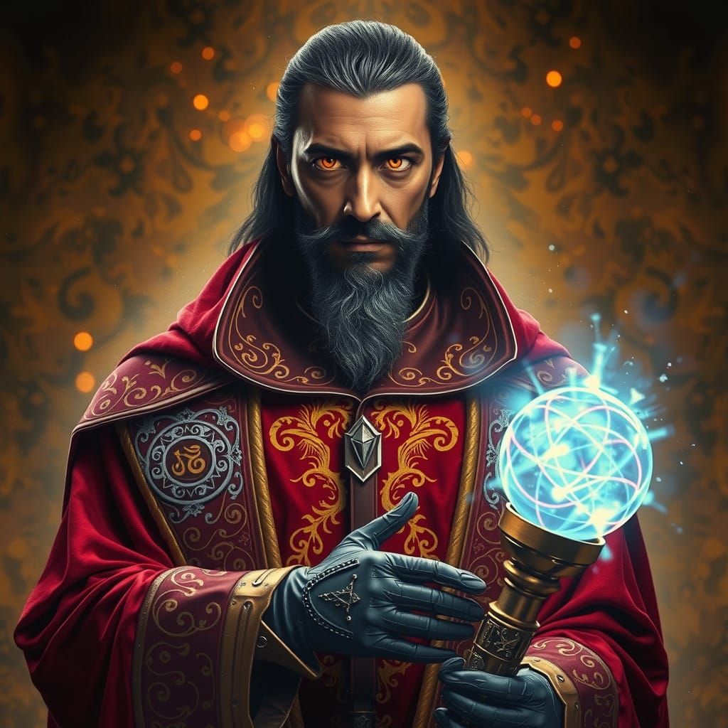 Mysterious Holographic Figure in Deep Crimson Alchemical Rob...