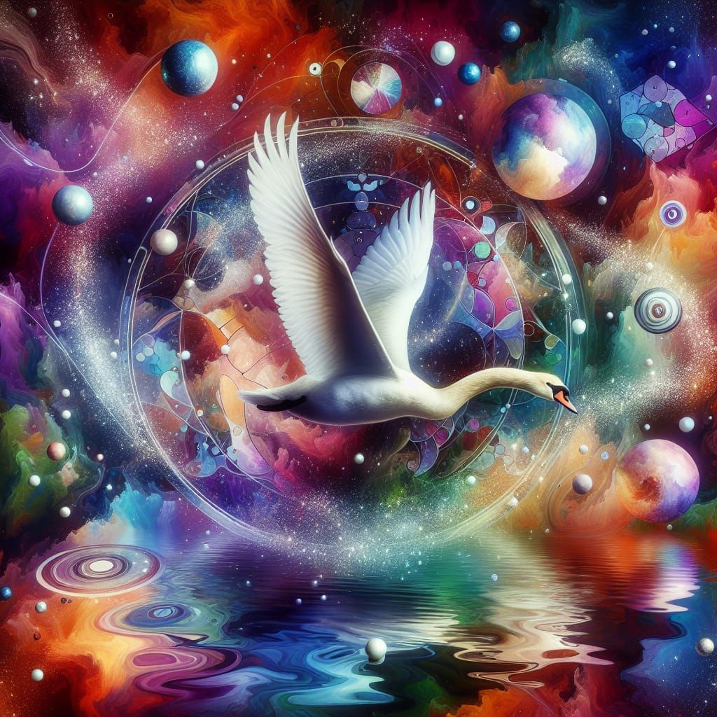 Ethereal Swan Soaring Through Colorful Dreamscape