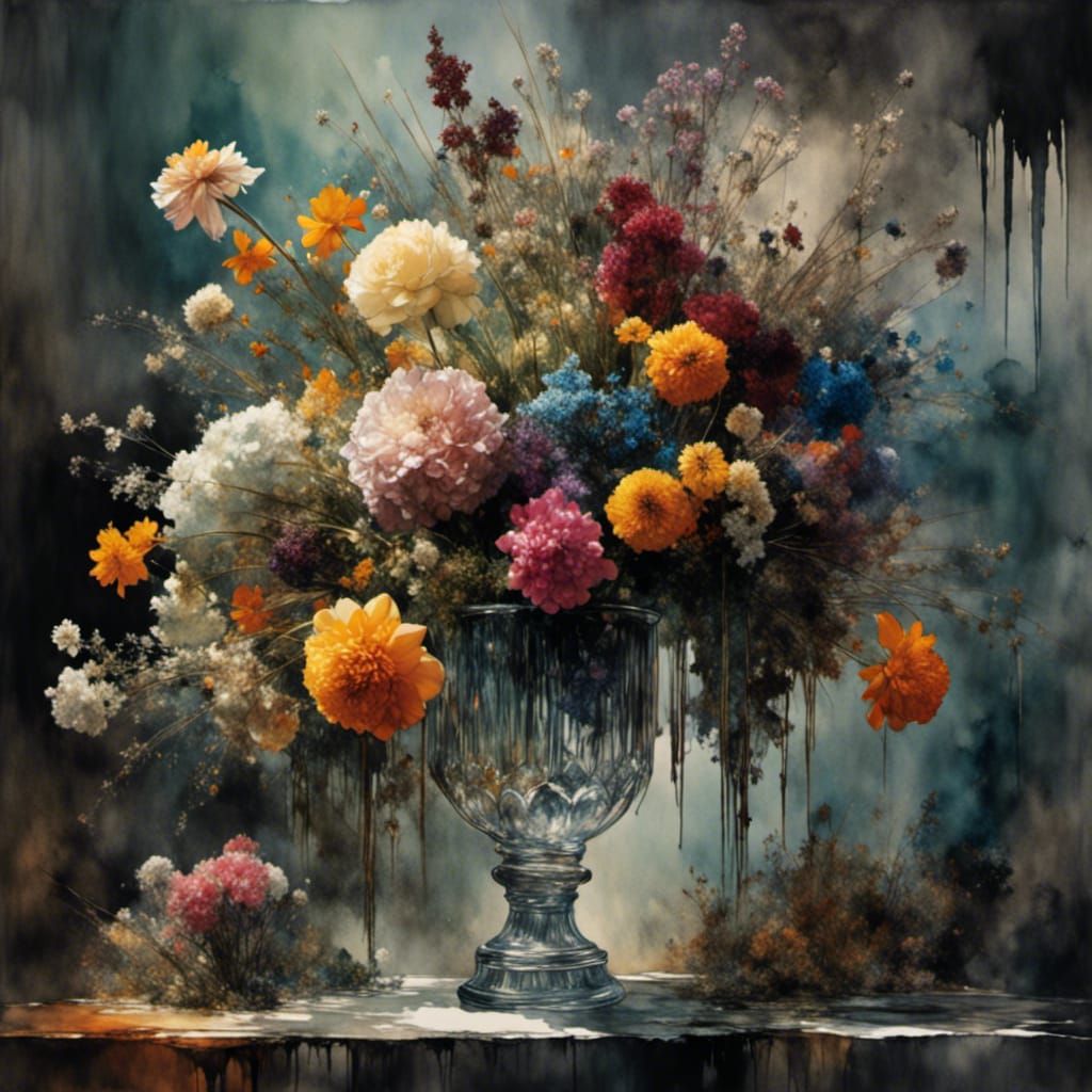 Colorful Flowers in Crystal Vase: Digital Painting