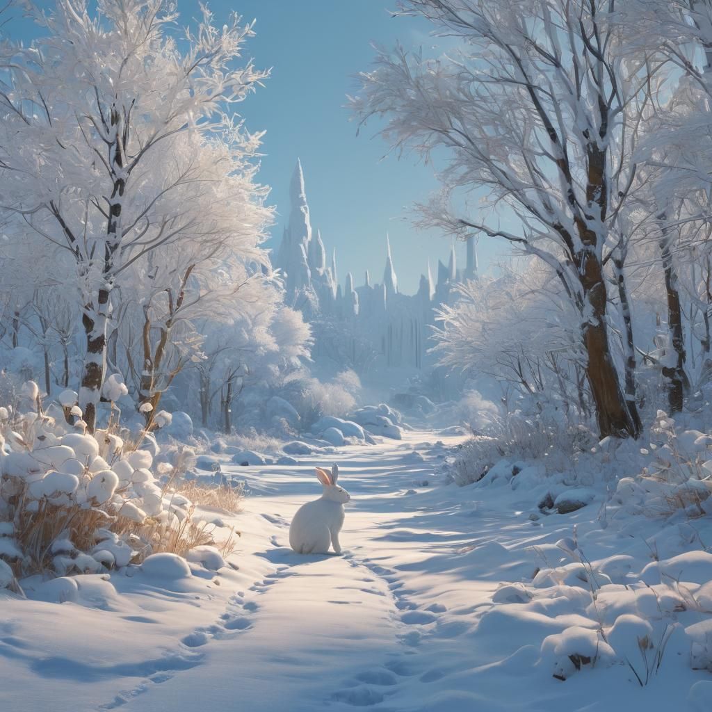 Winter Wonderland with Majestic Snow Bunny in Soft Blue Ligh...