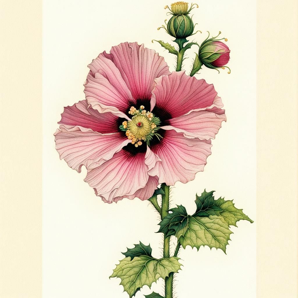 Intricate Hollyhock Blossom Illustration