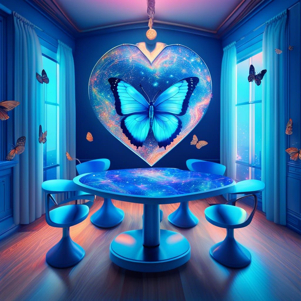 Heart Table in Blue Room, Pablo Amaringo Style