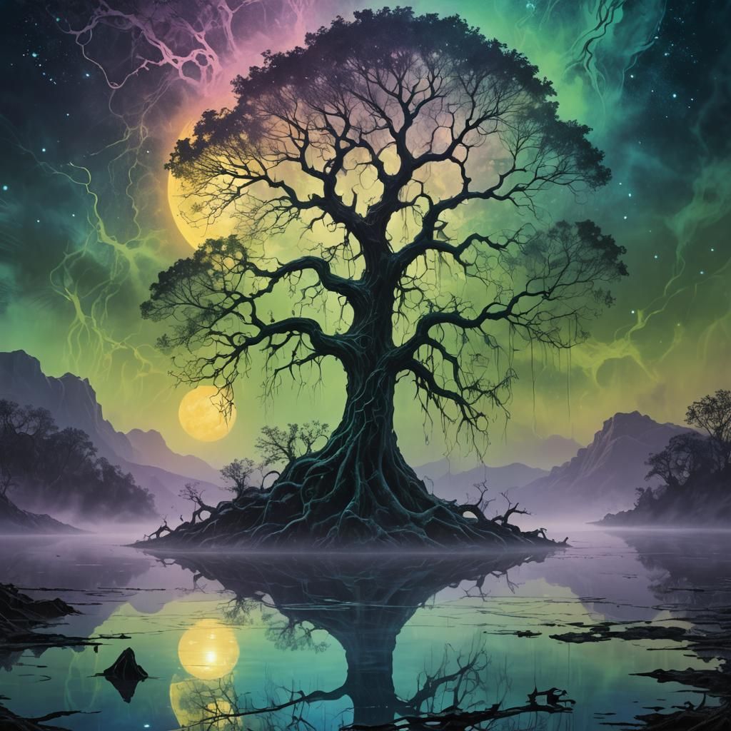 Mystical Glowing Tree on Moonlit Lake