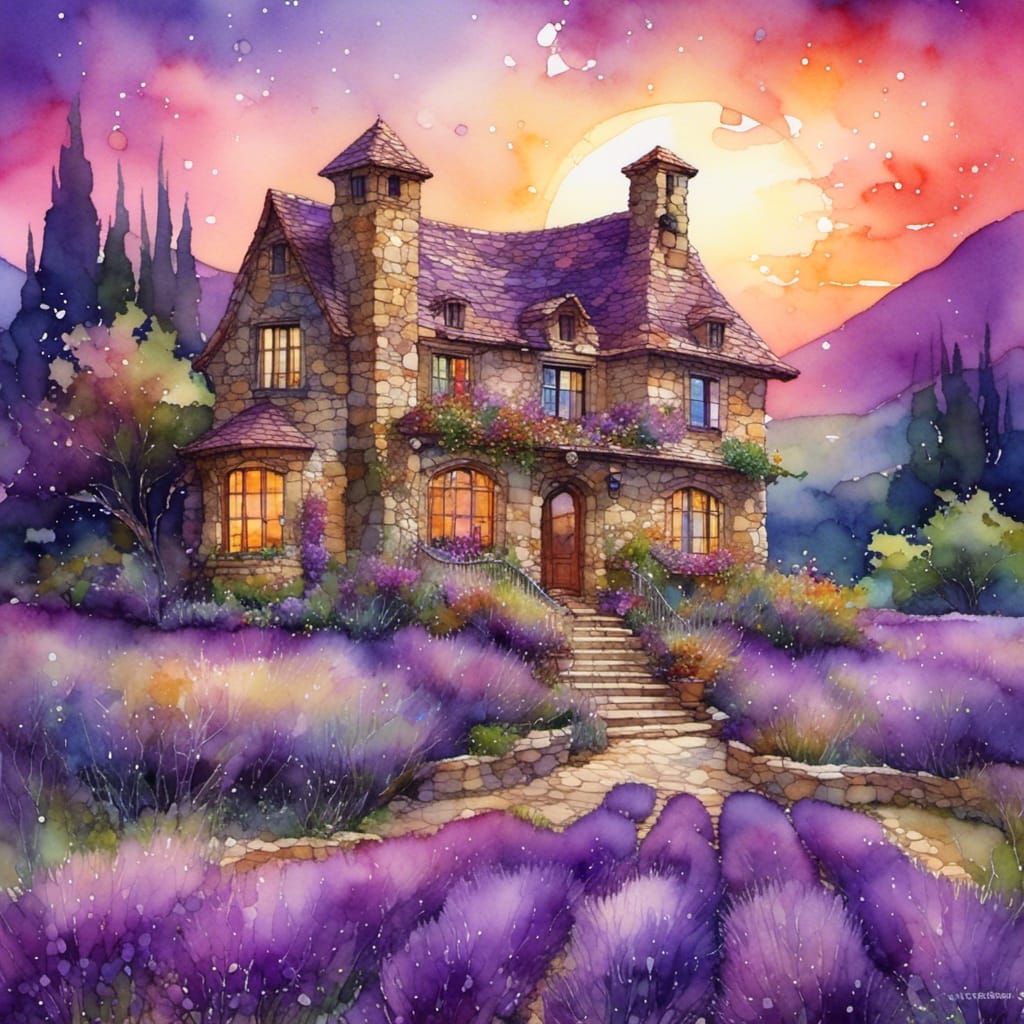 Italian Stone House in Lavender Field, Intense Color