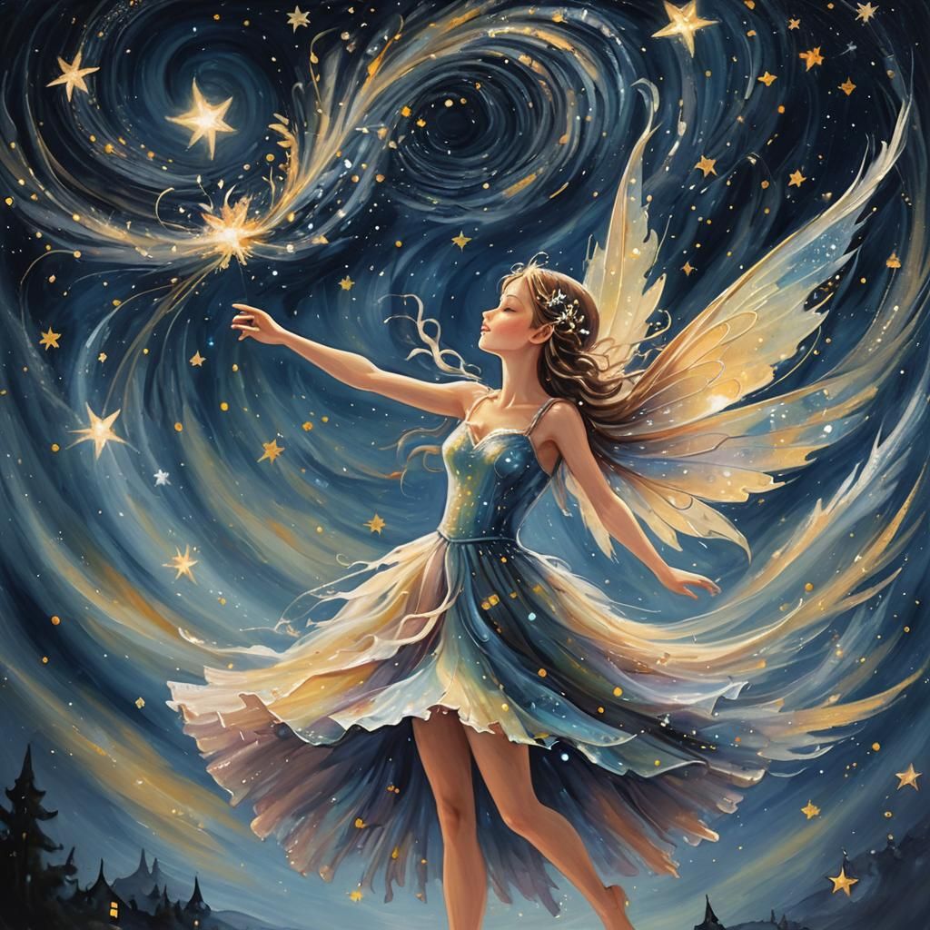 Enchanting Fairy Twirls in Starry Dreamscape Oil Painting