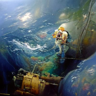 Astronaut's Deep Sea Dive: Oil Painting