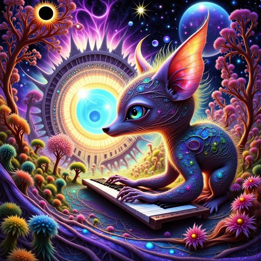 Celestial Fox Conductor in Vibrant, Iridescent Harmony