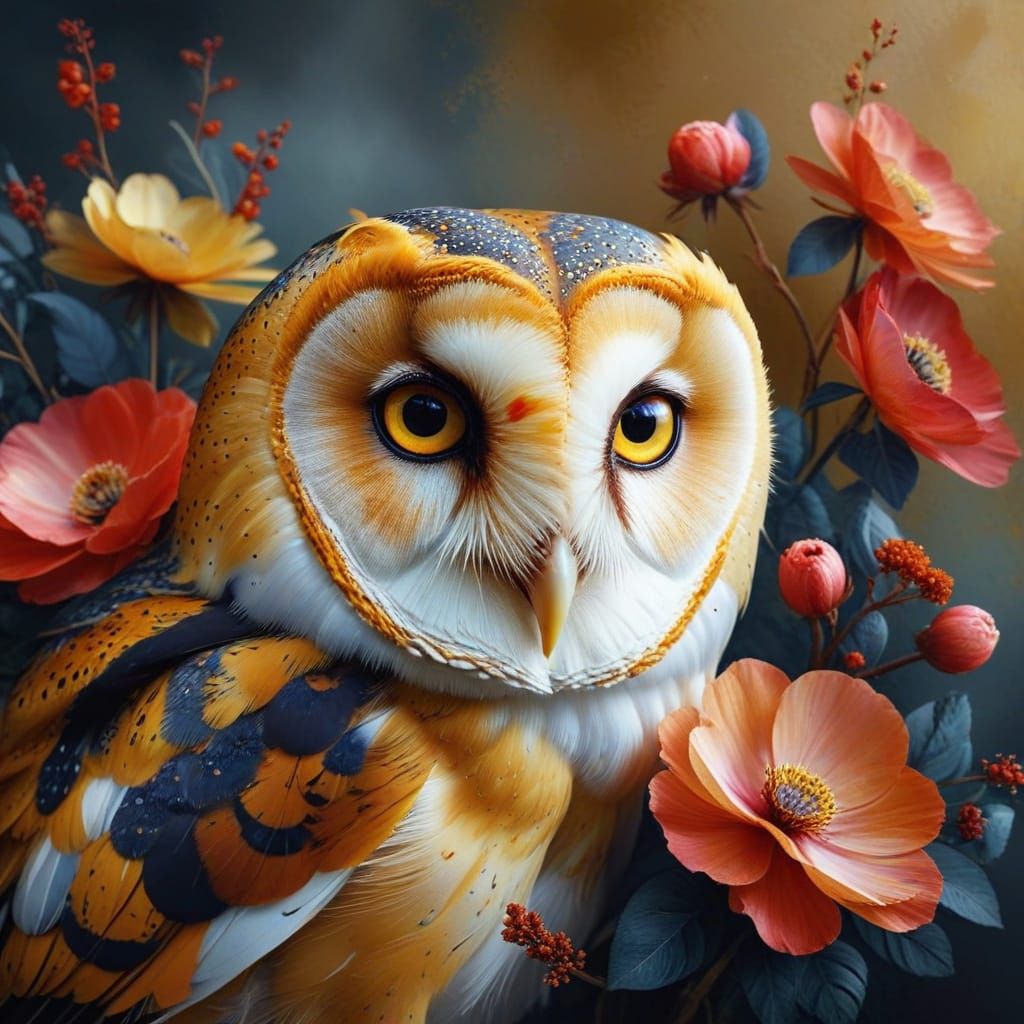 Surreal Barn Owl with Vibrant Plumage and Exotic Flowers