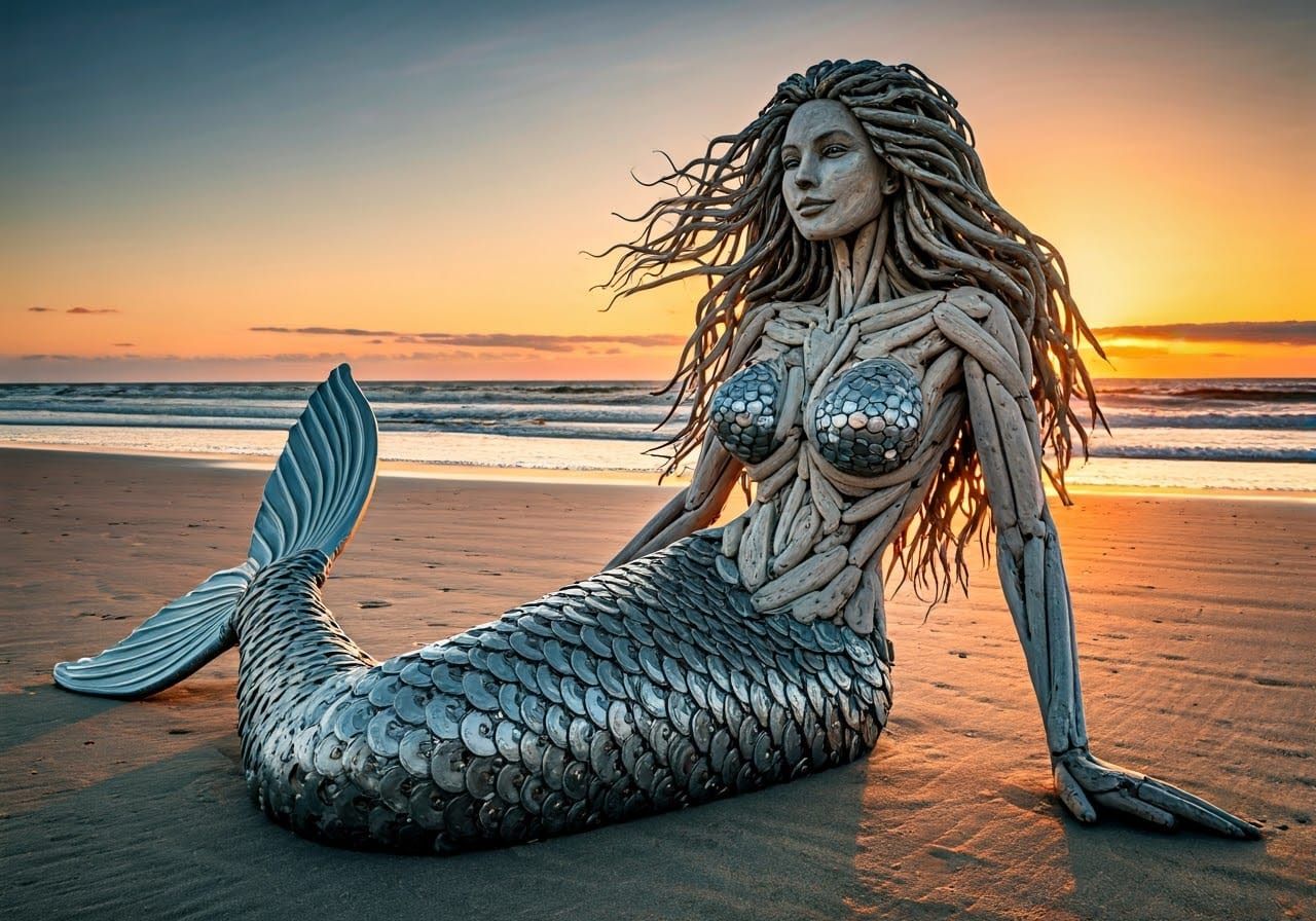 Surreal Beach Mermaid Sculpture in Soft Silver Grey