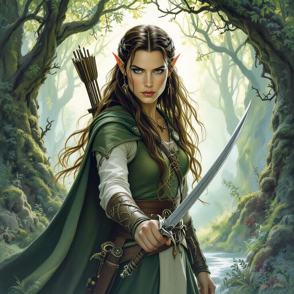 Luthien in Mystical Forest with Knife