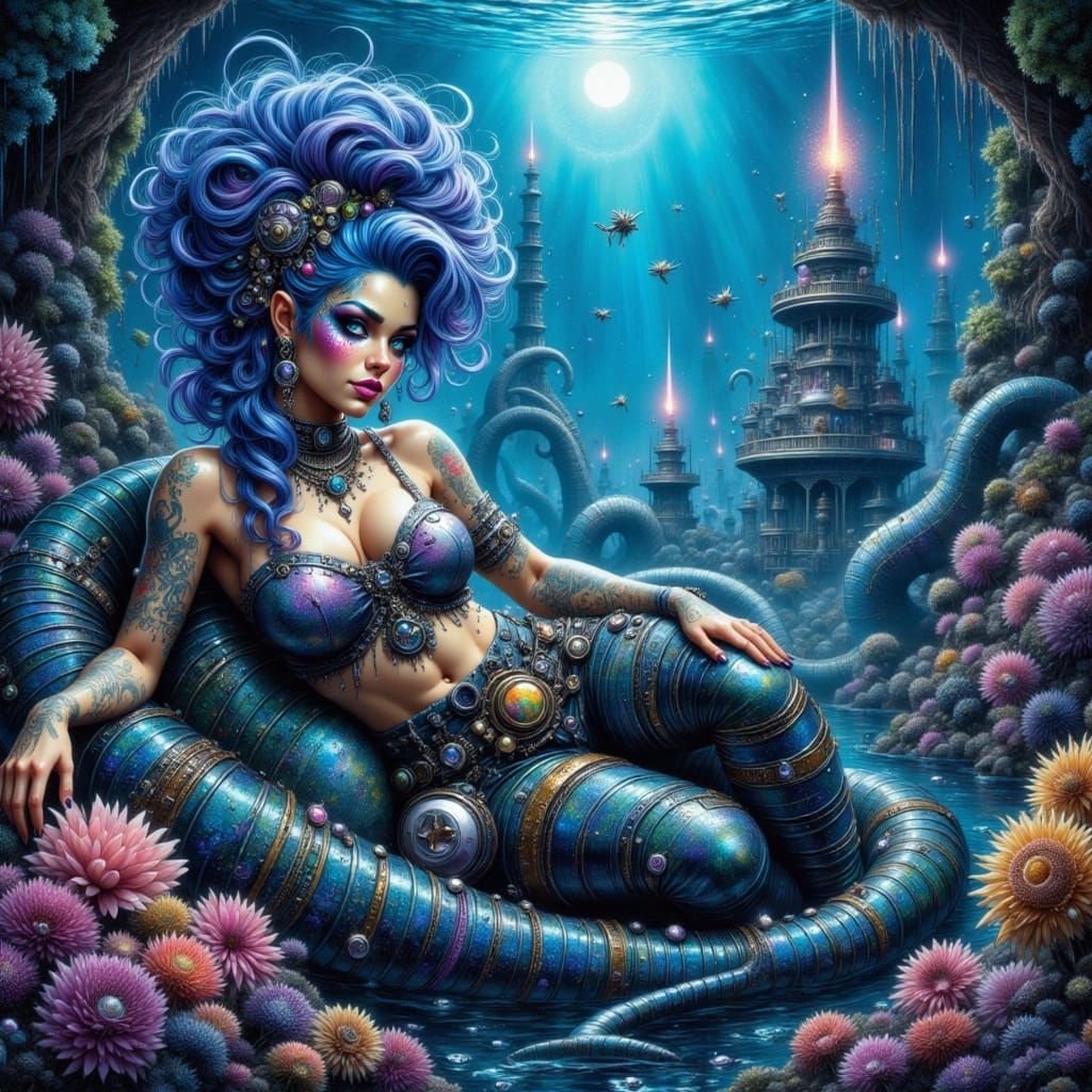 Cyberpunk Mermaid on a Leviathan's Back