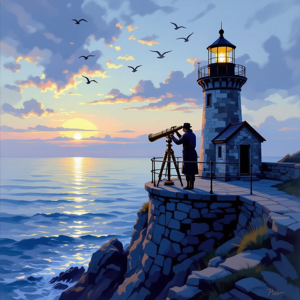 Lighthouse Keeper Polishing Telescope at Dawn