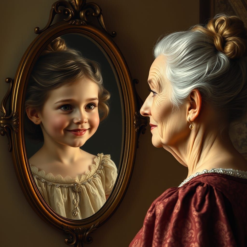 Girl and Old Woman Reflected in Antique Mirror