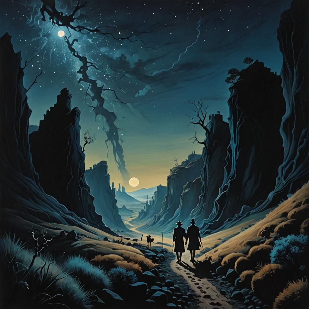 Surreal Dark Valley Shepherd in Dreamlike Landscape