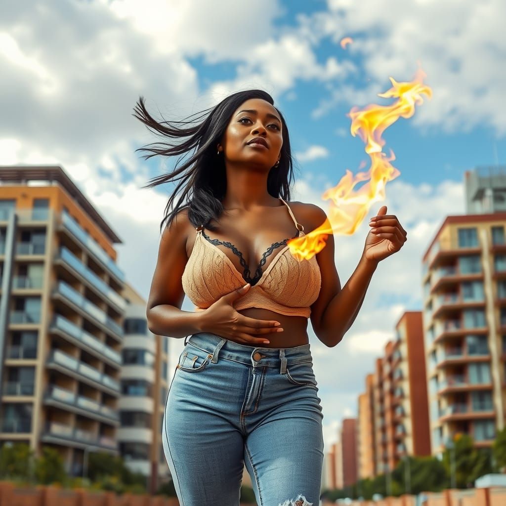 Empowered Woman Burning Bra in Urban Landscape