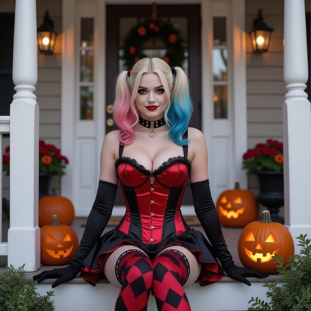 Harley Quinn on Halloween Porch in Satin Corset