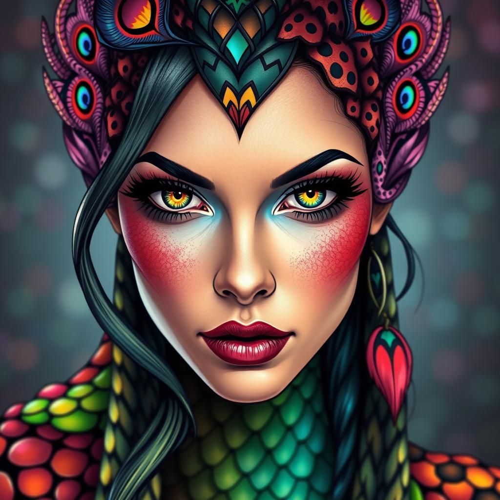 Colorful Dragon Scale Woman in Comic Art Style