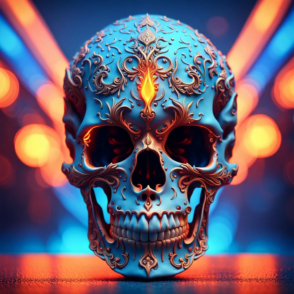 Fiery Skull with Neon Background: Hyperrealistic Digital Art