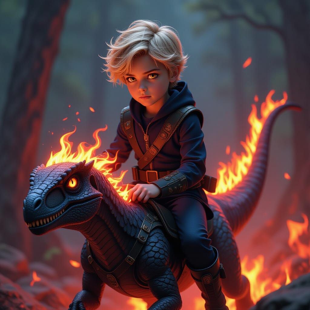 Dark Fantasy Boy Rides Fiery Velociraptor