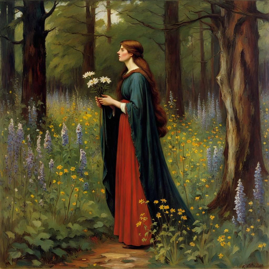 Wise Woman Gathering Wildflowers, Waterhouse Style