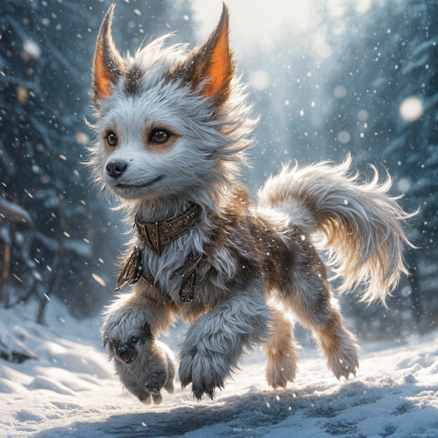 Mythical Puppy Portrait in Snowy Anime Style