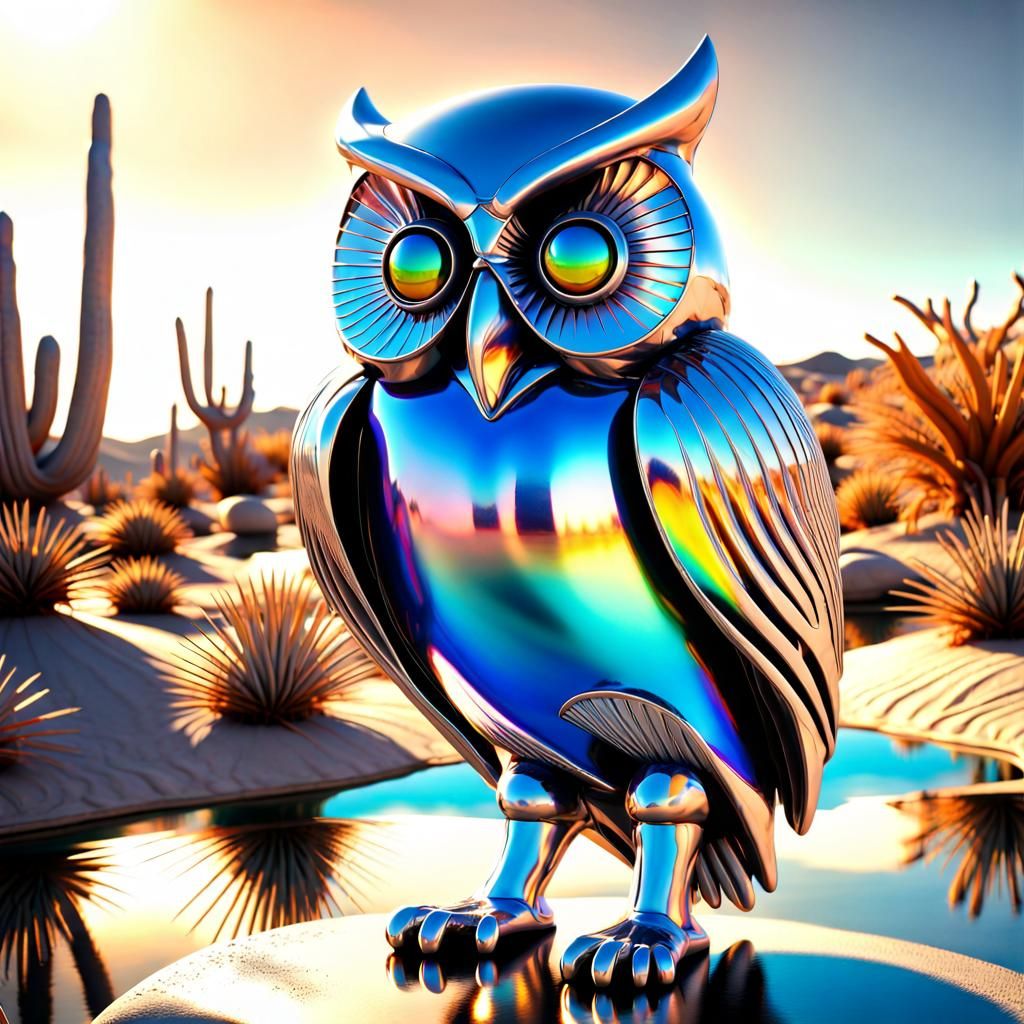 Silver Halloween Owl Sculpture in Desert Oasis