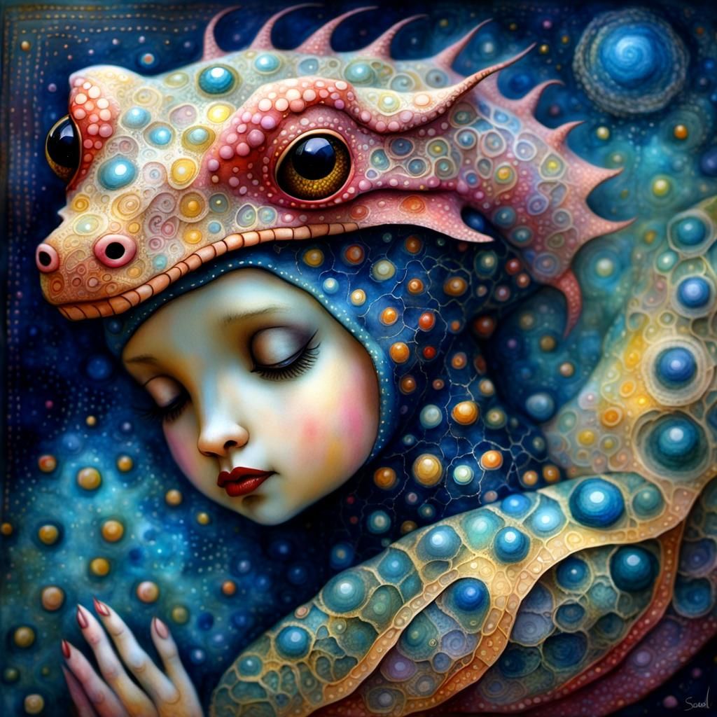 Toddler Embraces Alien Lizard Head in Surreal Art