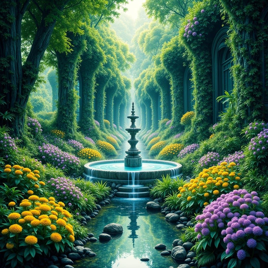 Enchanted Garden With Shimmering Fountain