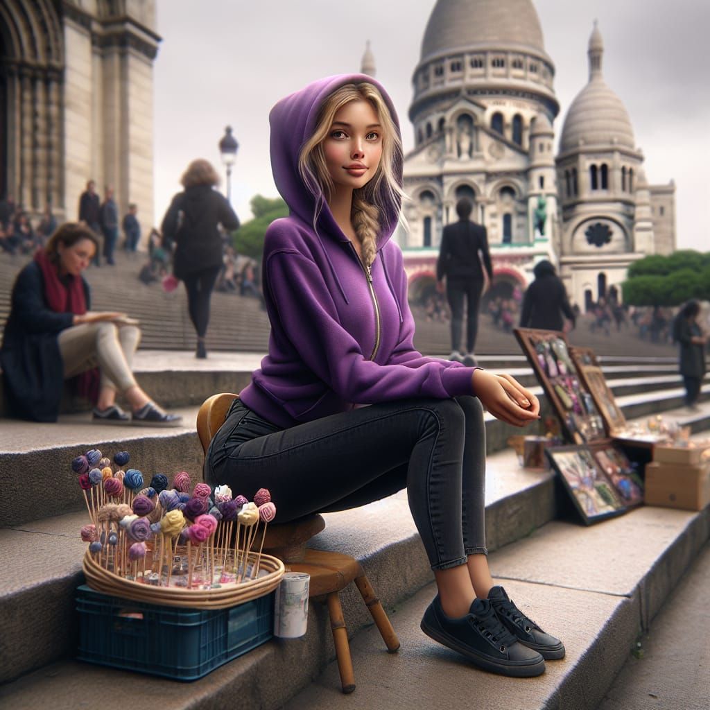 Young Woman Selling Gifts at Sacre-Coeur: Matte Painting