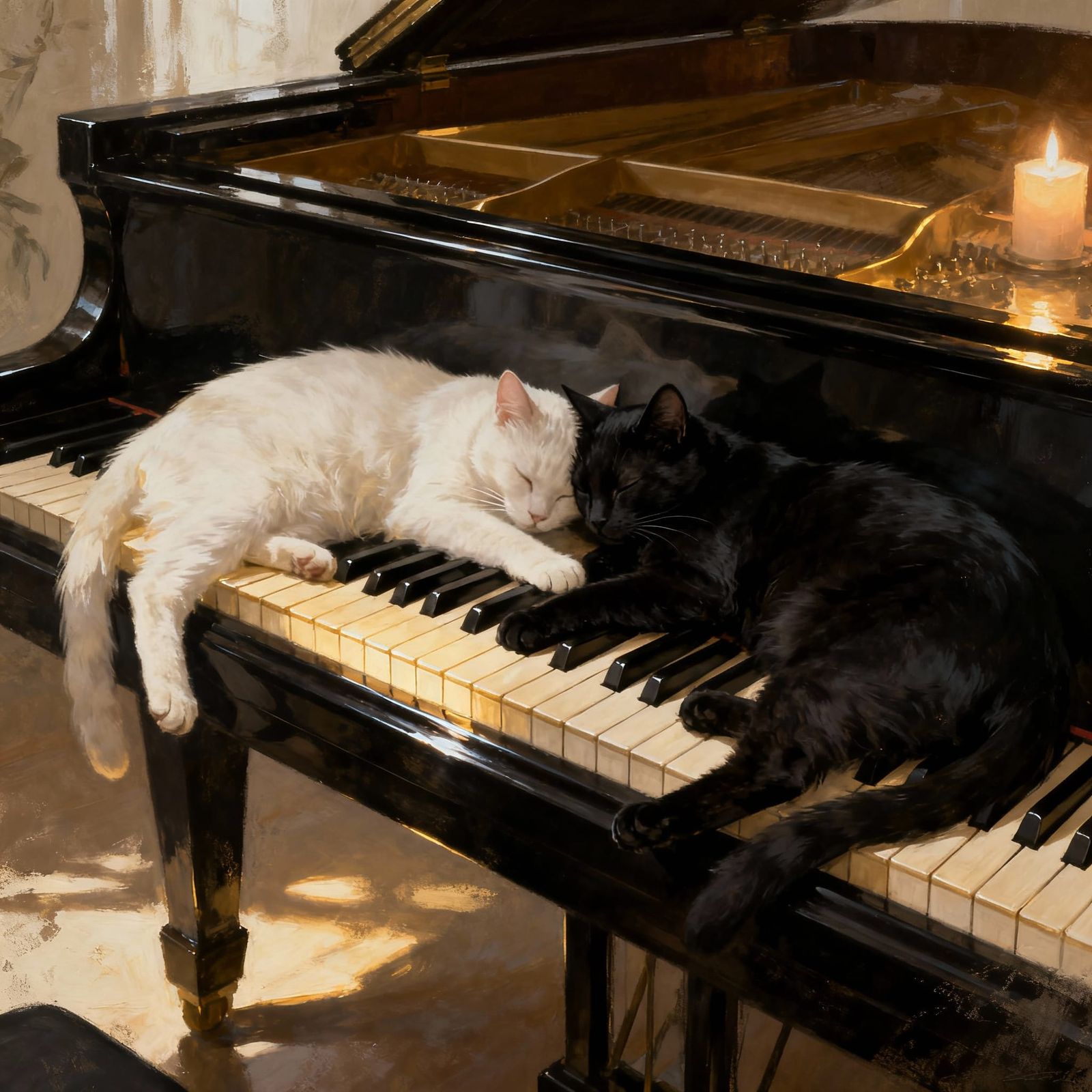 Cats Merging With Piano Keys in Surreal Painterly Style