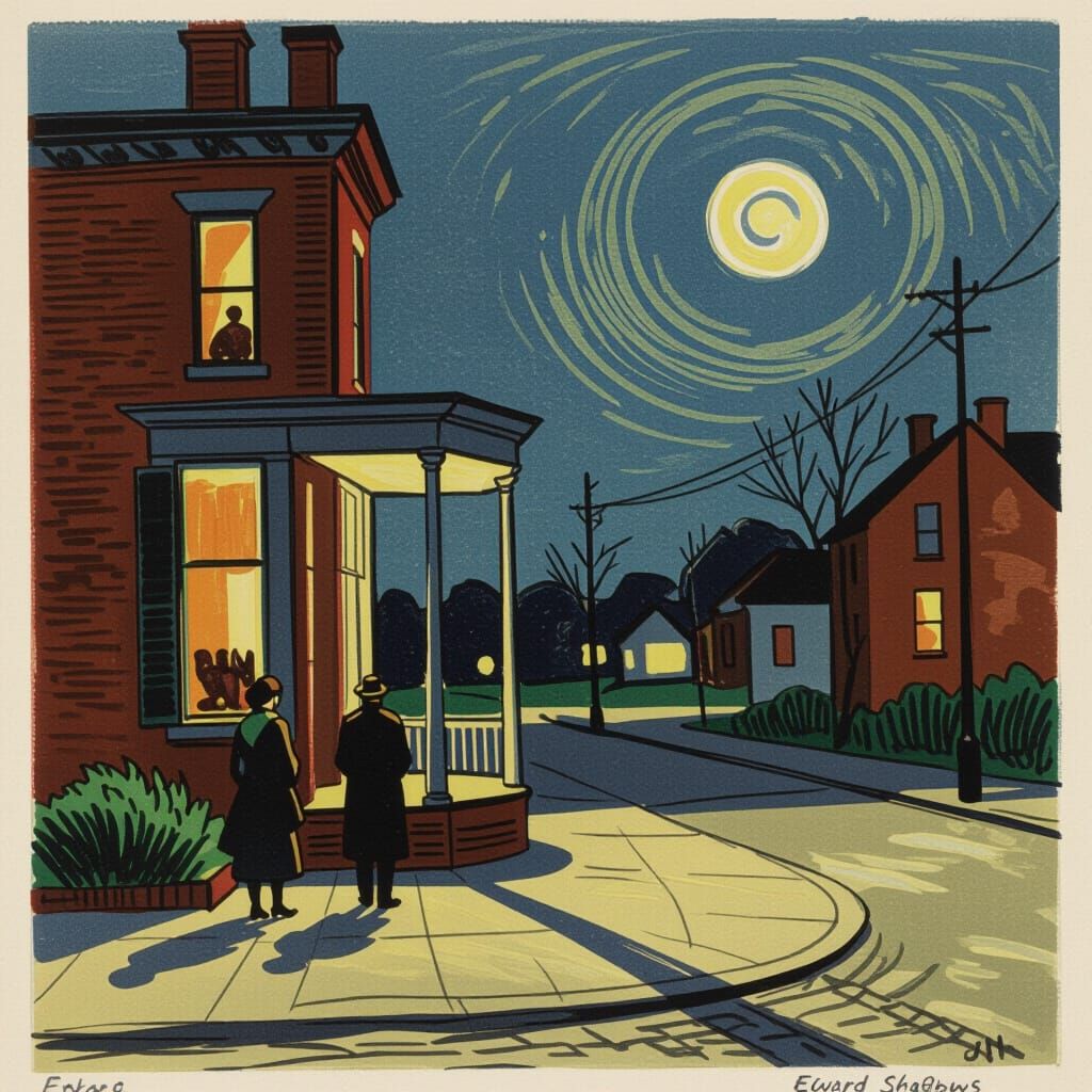 Edward Hopper Inspired Night Shadows Etching