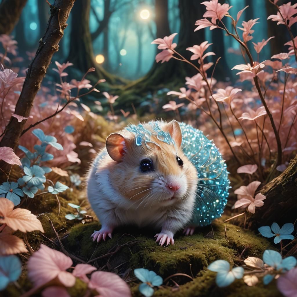 Mystical Hamster in Glowing Forest: Fantasy Concept Art