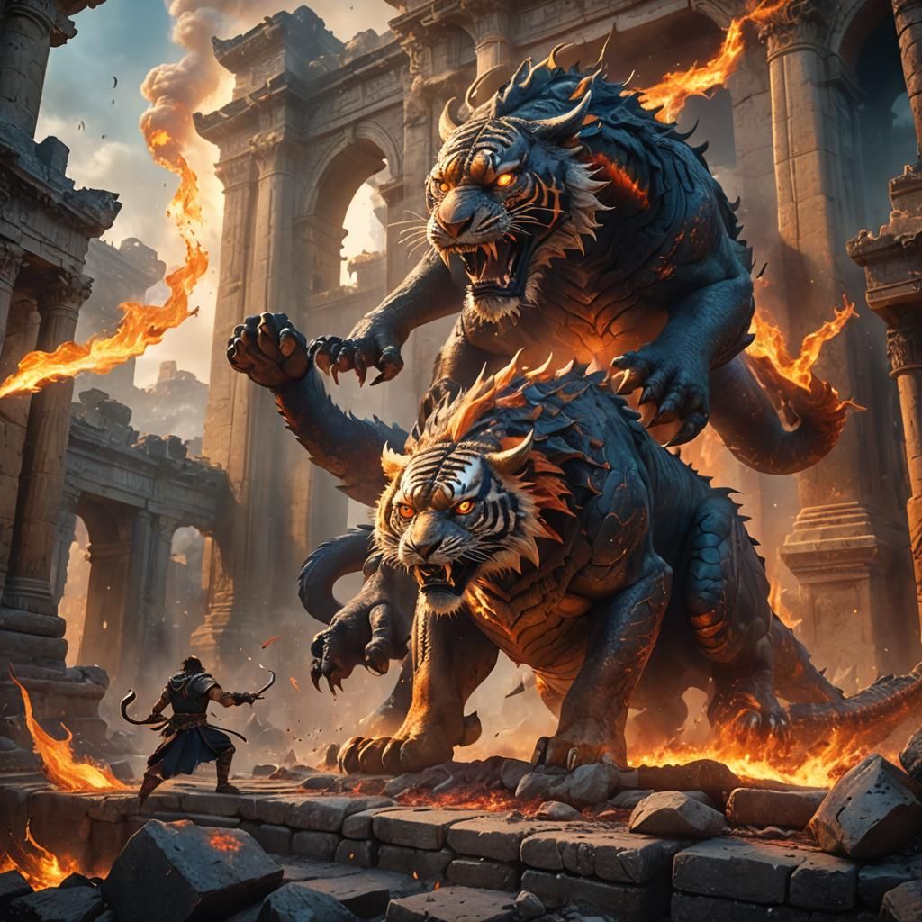 Tiger and Dragon Battle in Ancient Ruins