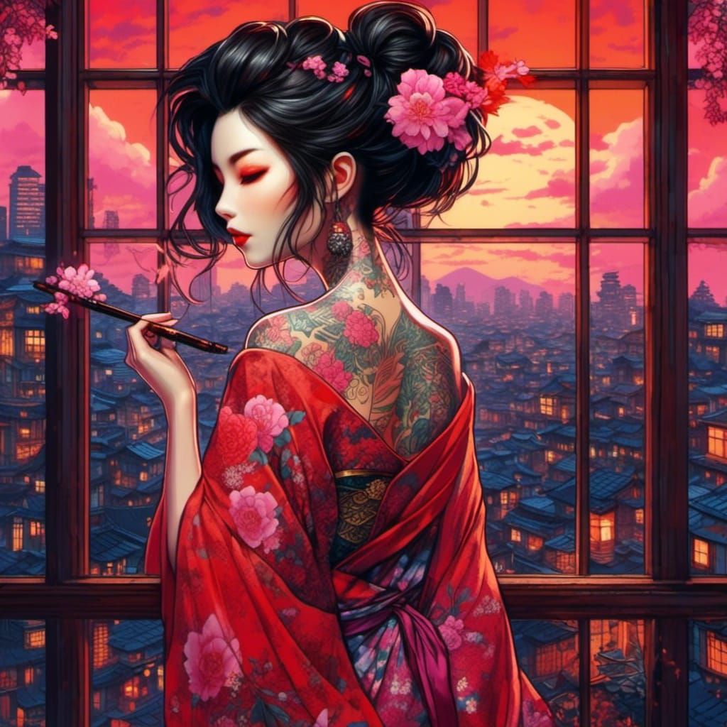 Cyberpunk Geisha with Tattoos at Sunset