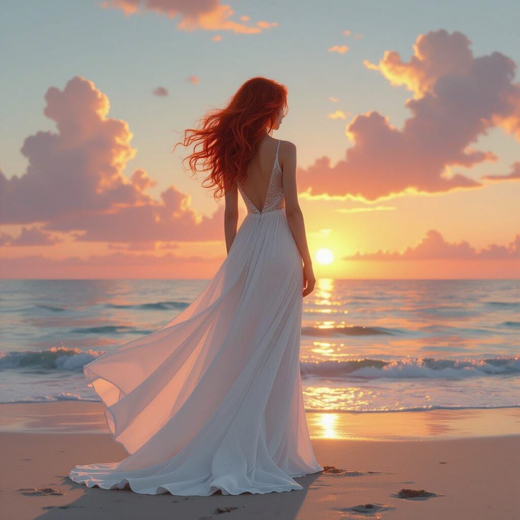 Redhead Gazes at Sunset in Photorealistic Digital Art