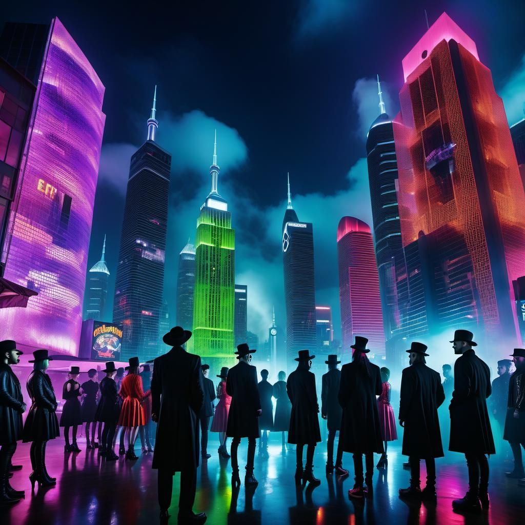 Gothic Nightclub Meets Neon City in Surreal Double Exposure