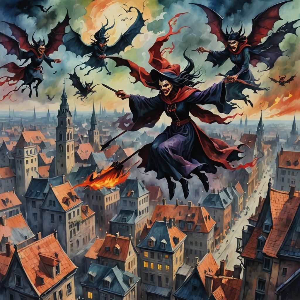 Witches Fly Over City in Gouache Style