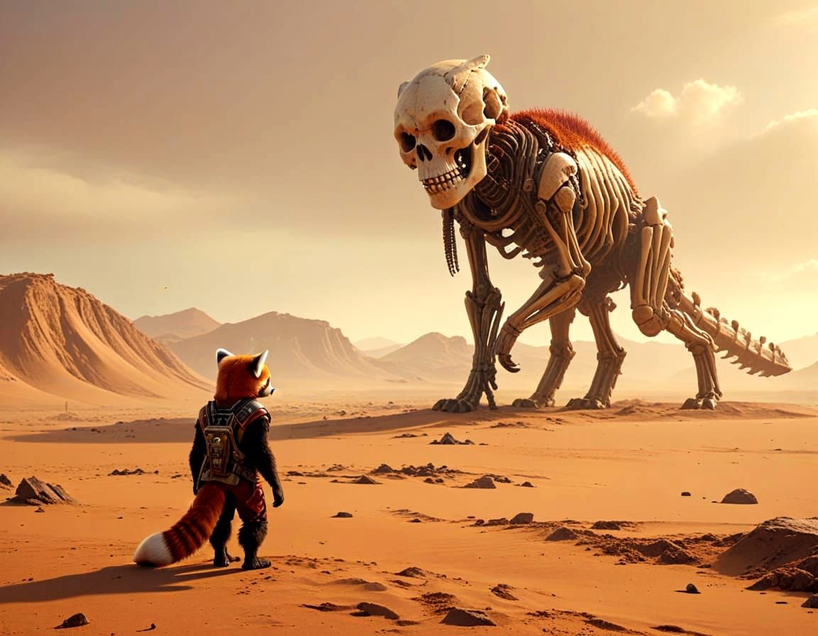 Lone Red Panda on Alien Planet, Cosmic Skeleton