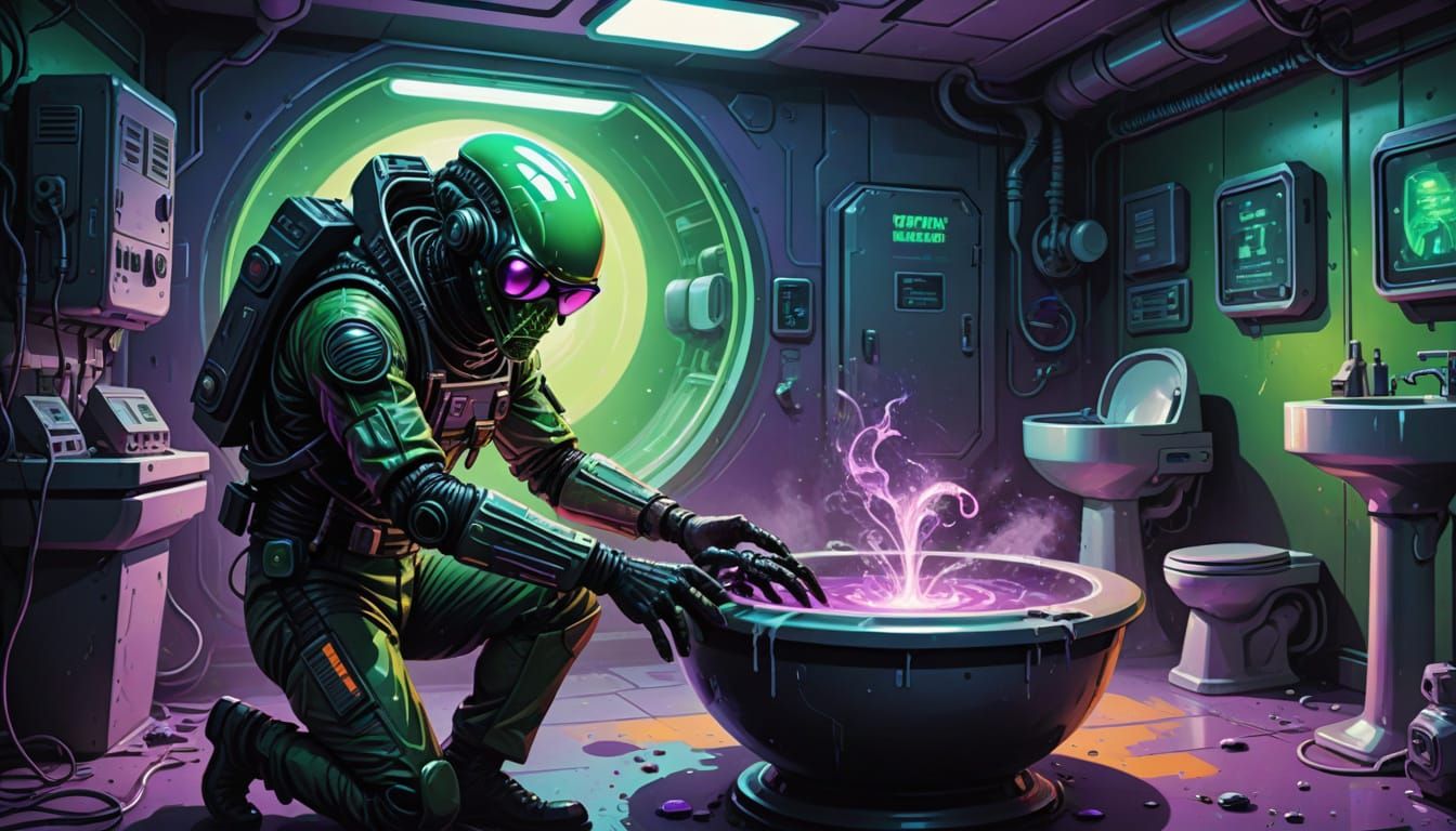 Retro Sci-Fi Agent Cleans Toilet of Alien Ooze