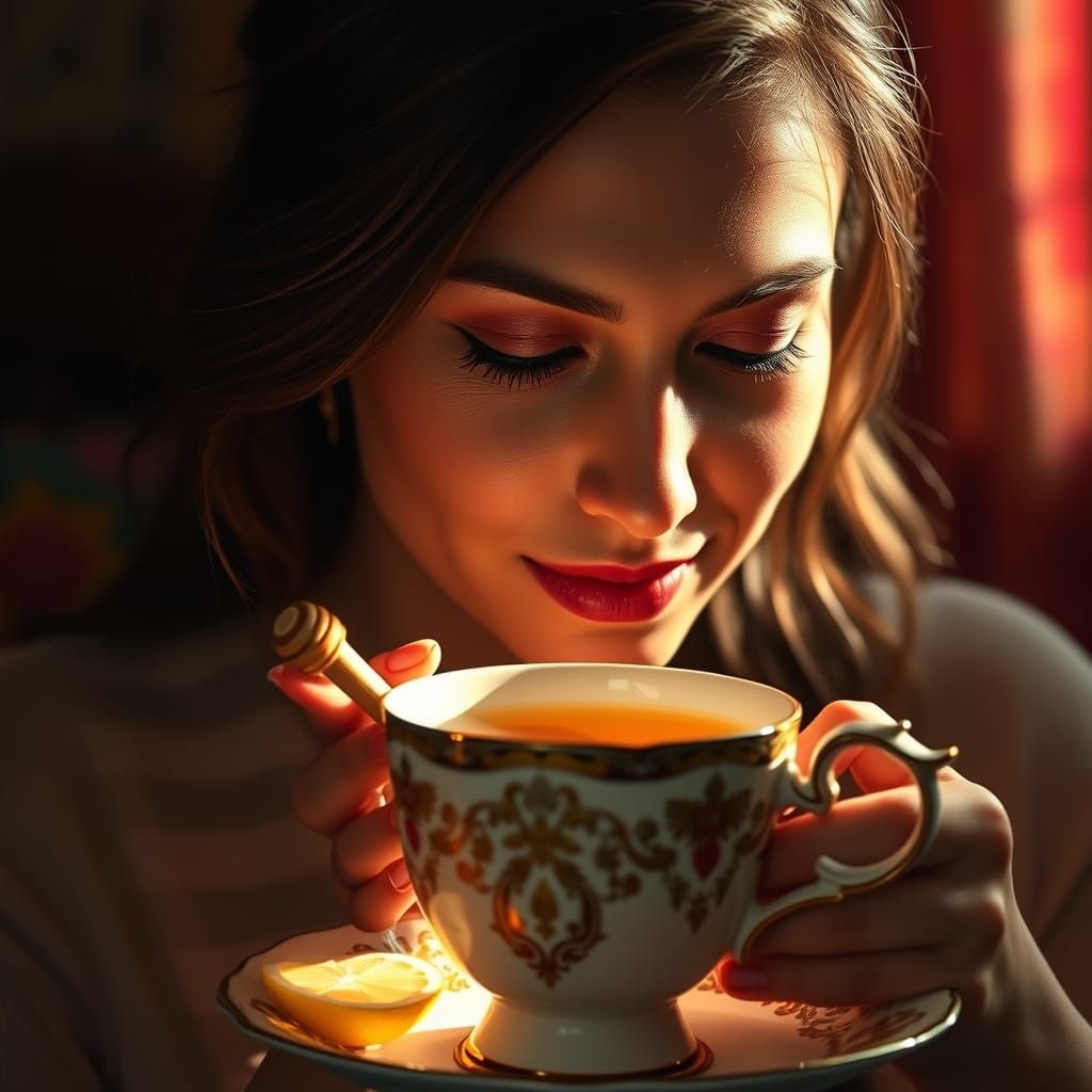 Hyperrealistic Portrait of a Woman Savoring Tea with Honey a...
