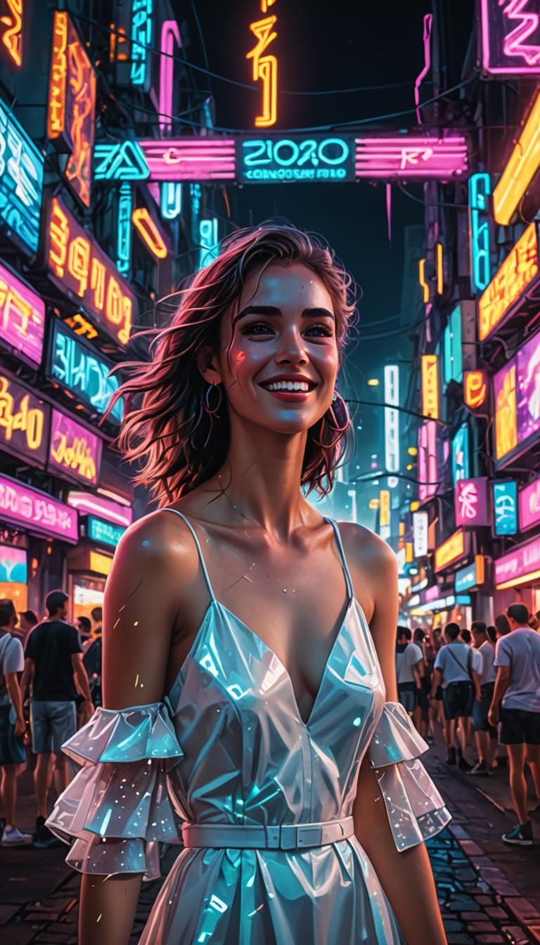 A happy woman in a white dress with neon lights
