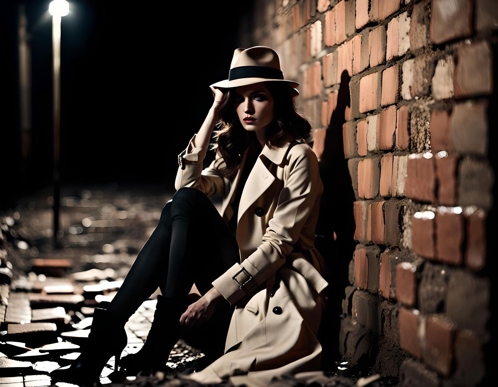 Brunette in Trenchcoat Sleeping in Cellar: Film Noir
