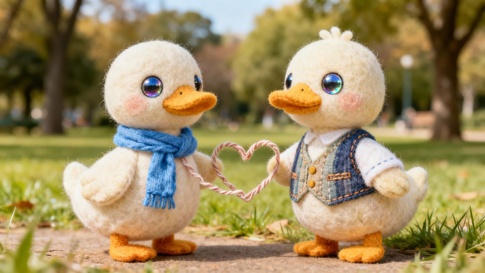 Adorable Felt Ducks Forming a Heart in a Park