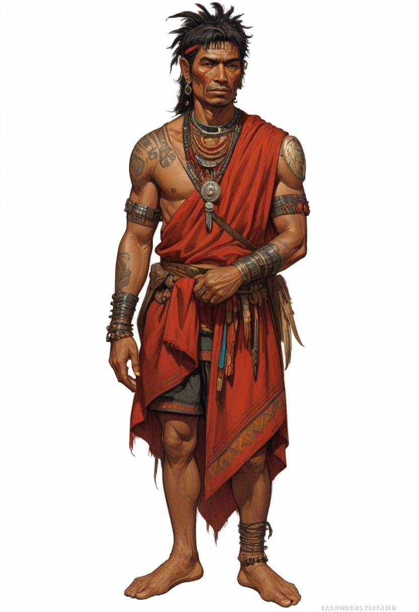Aztec Man in Sci-Fi Costume, Vivid Illustration