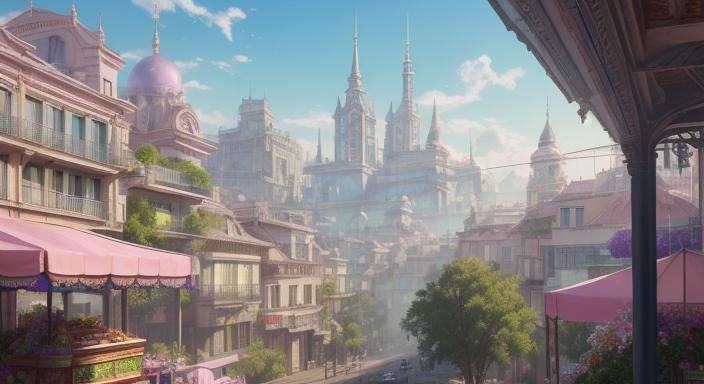 Vaporwave Metropolis with Floating Food, Oil on Canvas