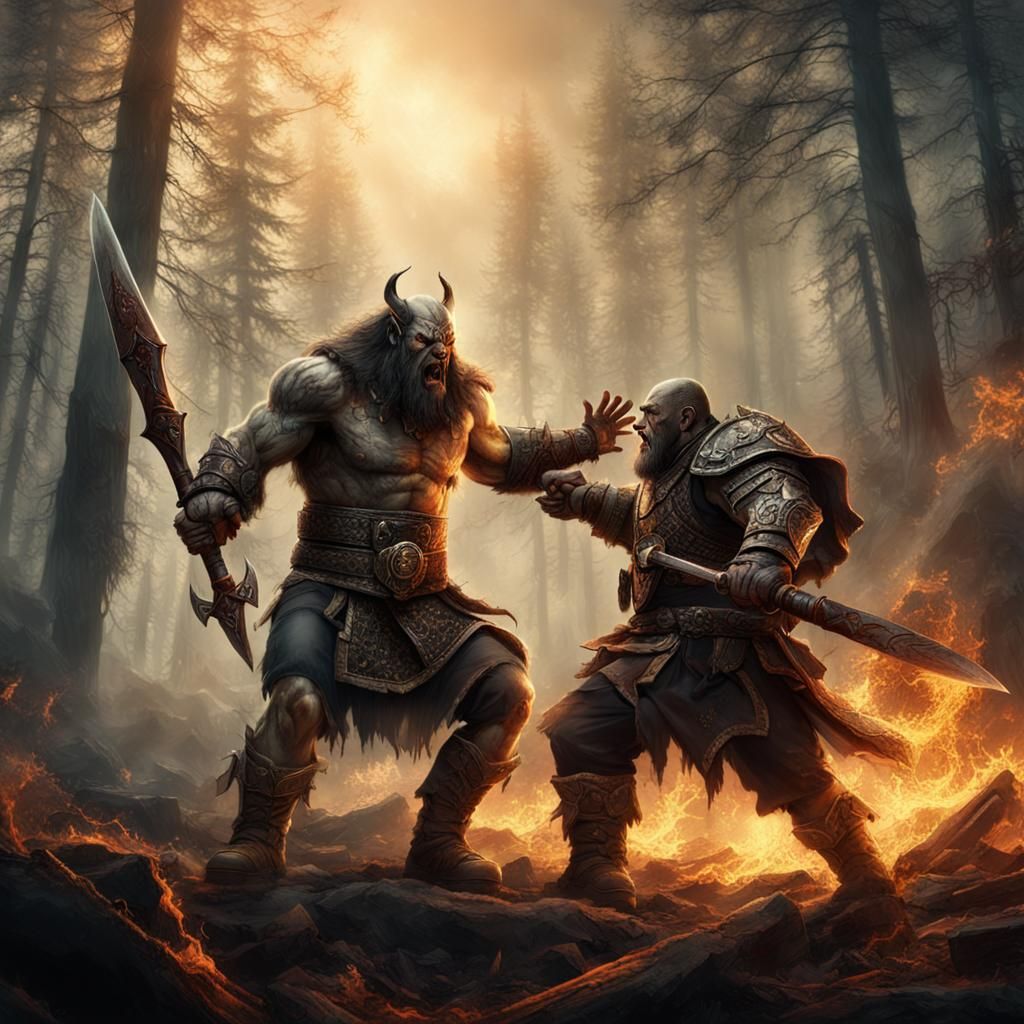Warrior and Ogre Battle in Burning Forest
