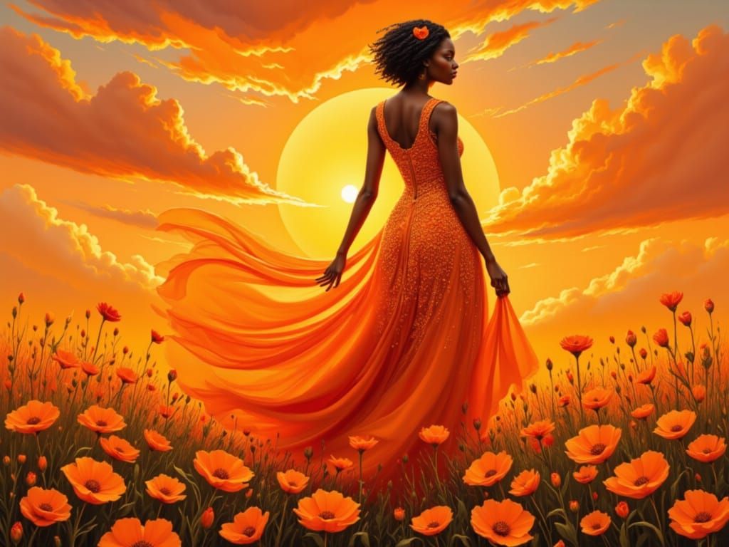 Elegant Woman in Orange Dress at Sunset
