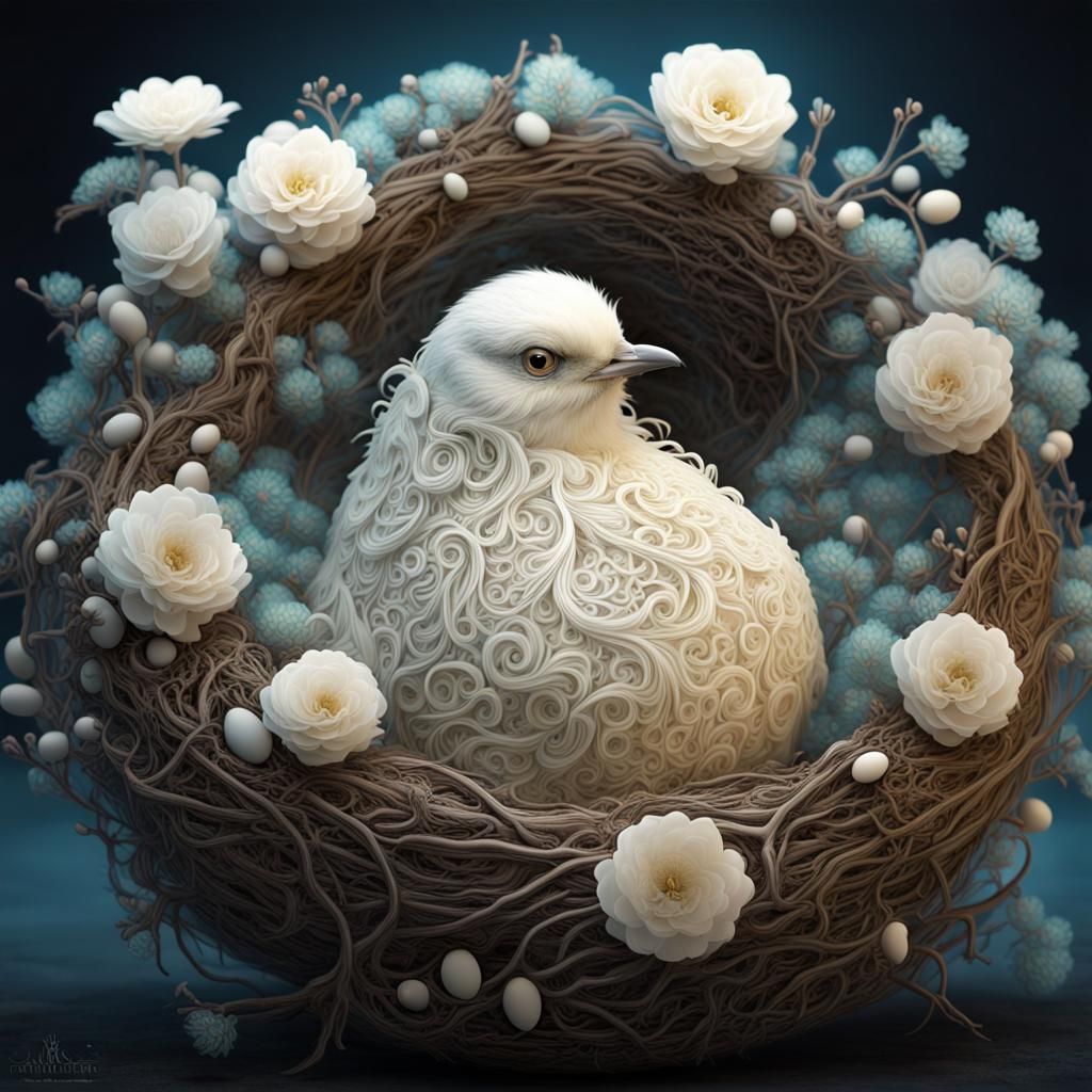 Fluffy White Bird in Nest with Bioluminescent Flower